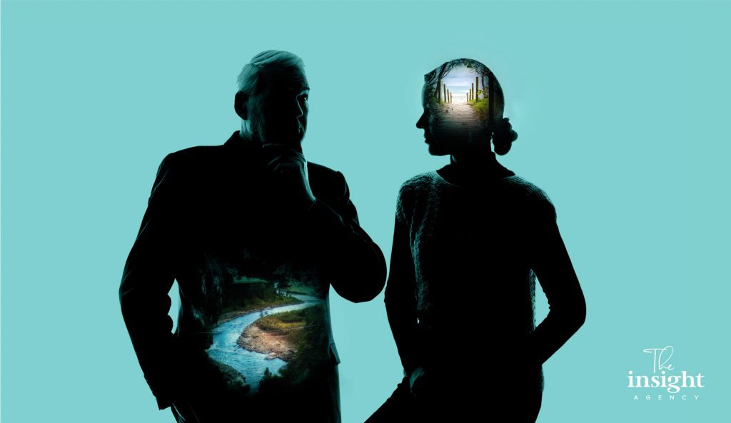 Double-exposure portrait of a couple, cosmos within.